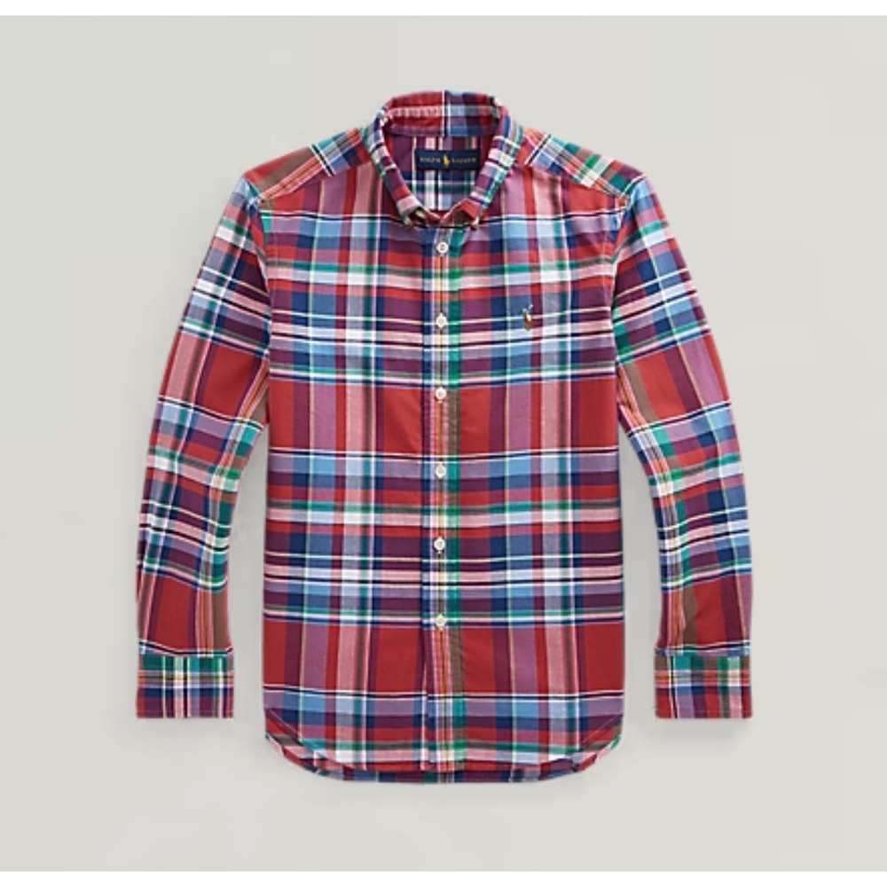 Ralph Lauren Plaid Cotton Oxford Shirt Button Down Kids M 10-12 Red Long Sleeve